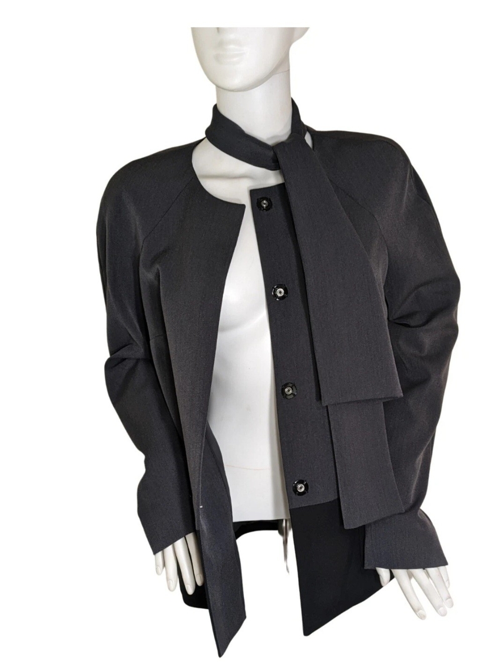 Preston & York Jacket Blazer Women's Size 6 Gray Black Snap Front Neck Tie 05